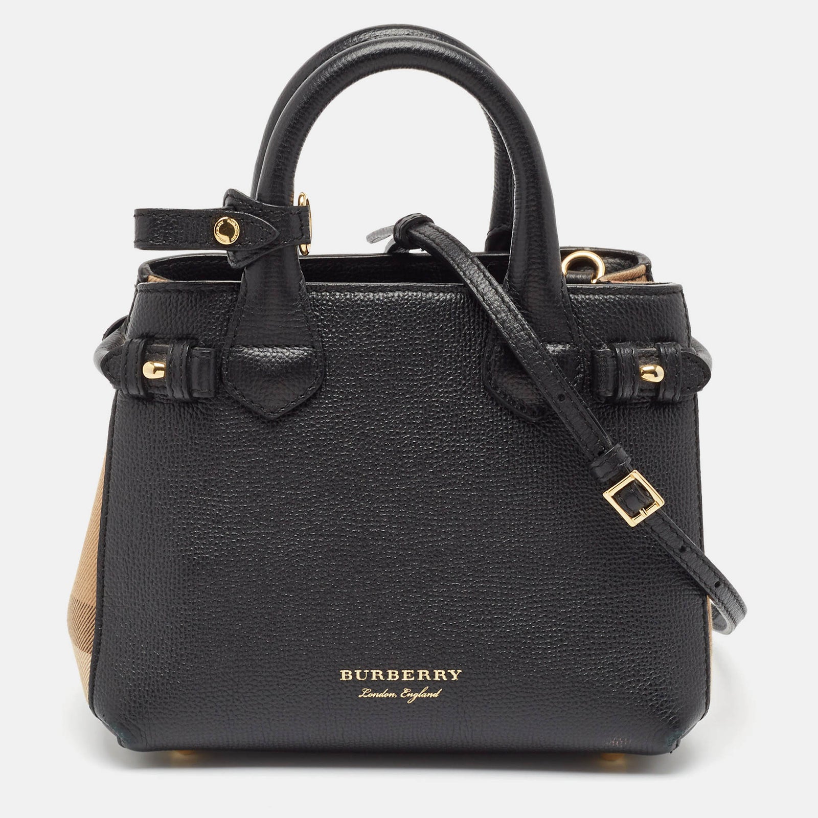 Burberry Black/Beige House Check Fabric and Leather Mini Banner Tote