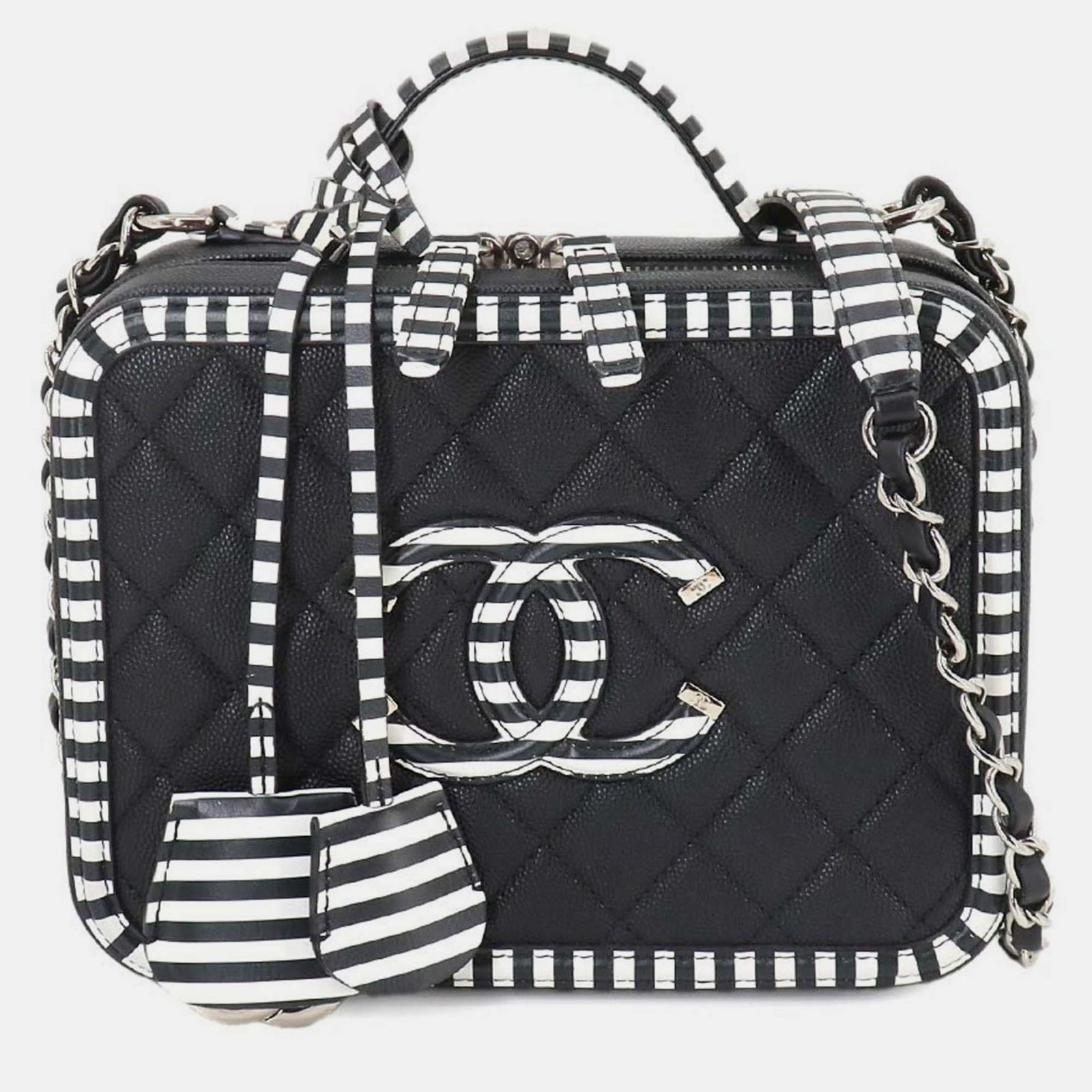 Chanel Black White Caviar Skin CC Filigree Vanity Bag