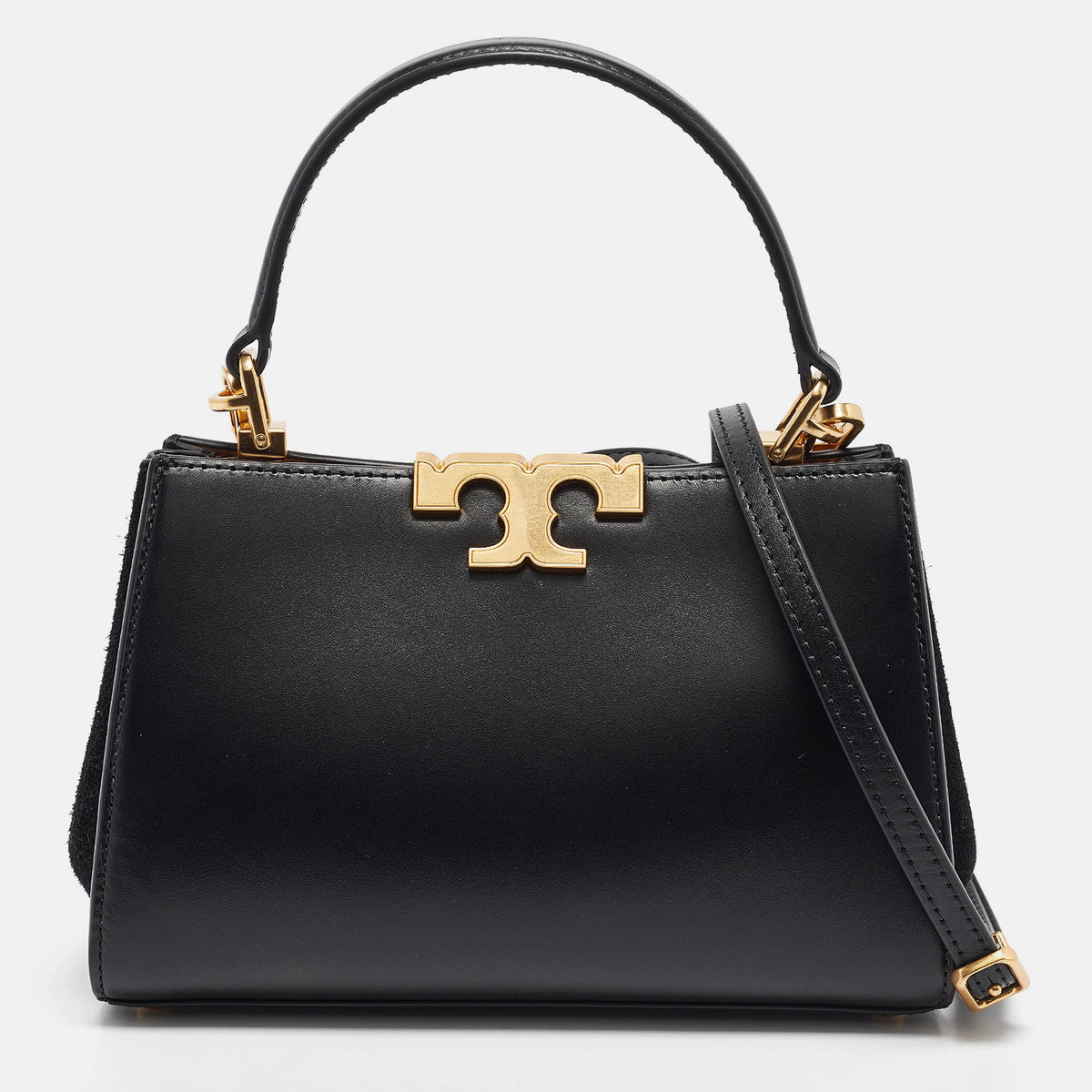 Tory Burch Black Leather and Suede Eleanor Top Handle Bag