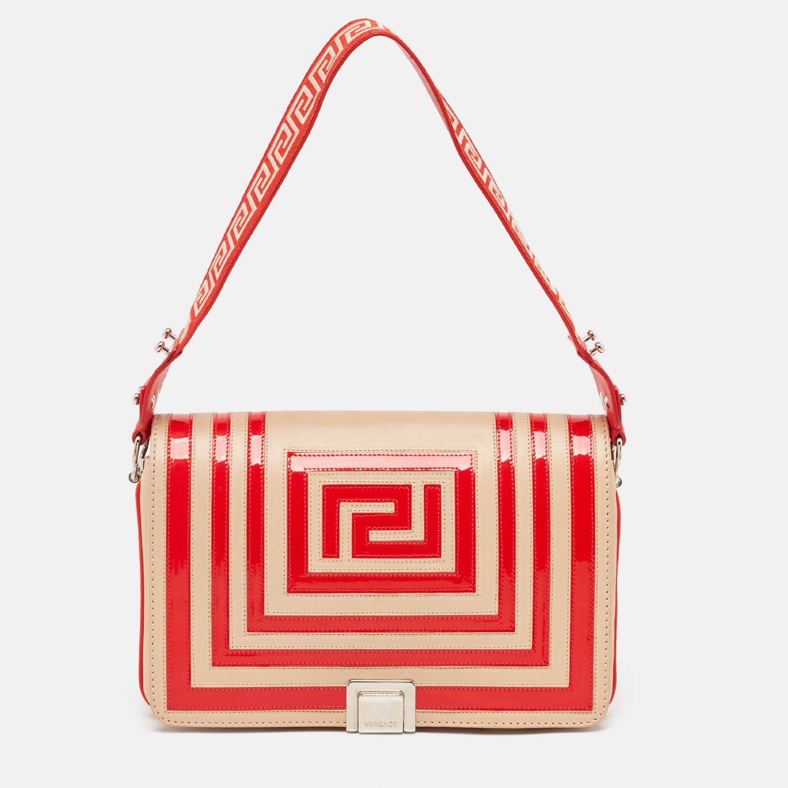 Versace Red/Beige Patent and Leather Graphic Flap Shoulder Bag