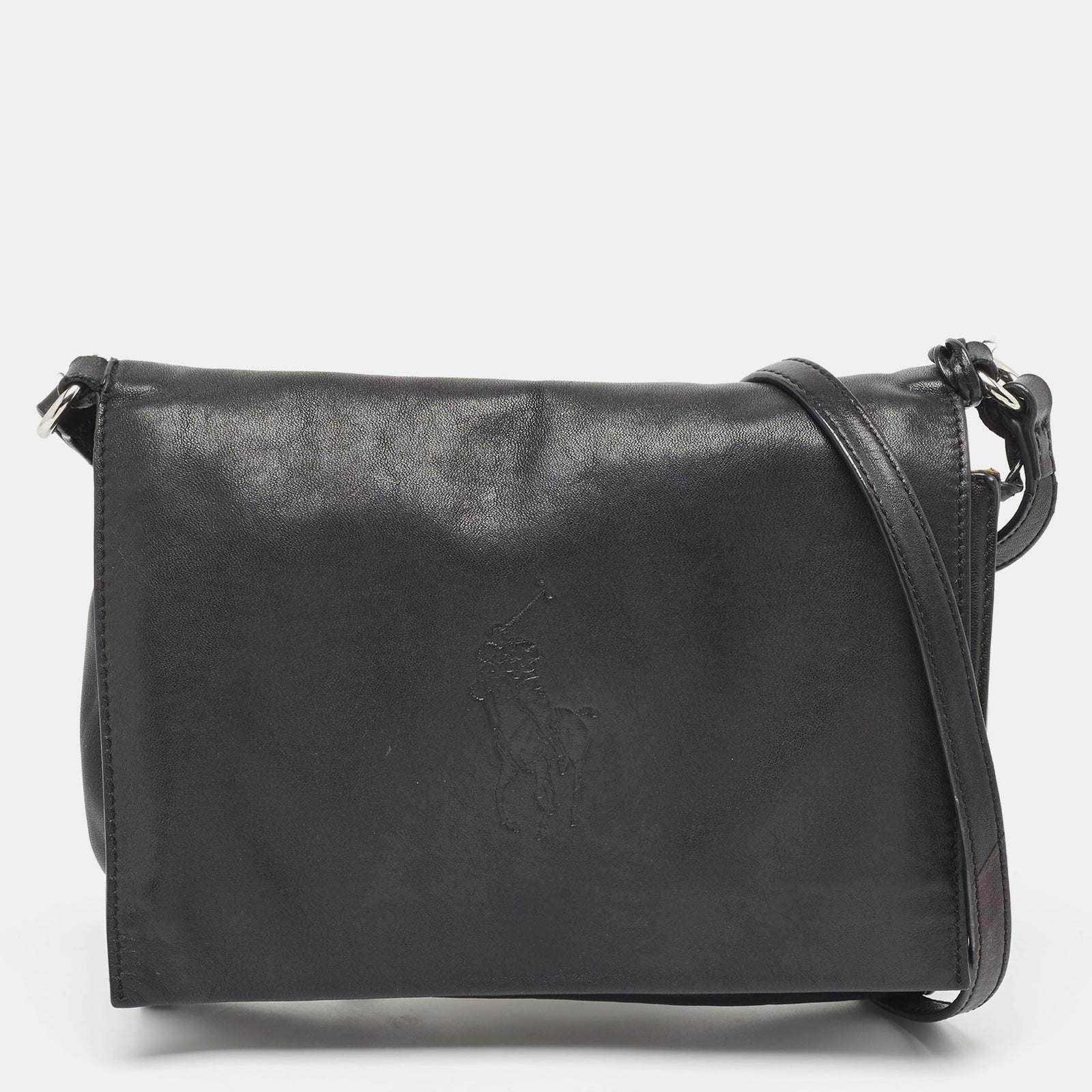 Ralph Lauren Black Leather Logo Embossed Flap Messenger Bag