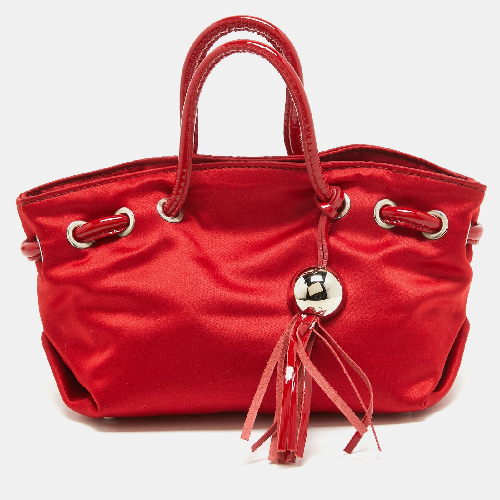 Furla Red Satin and Patent Leather Baguette Bag