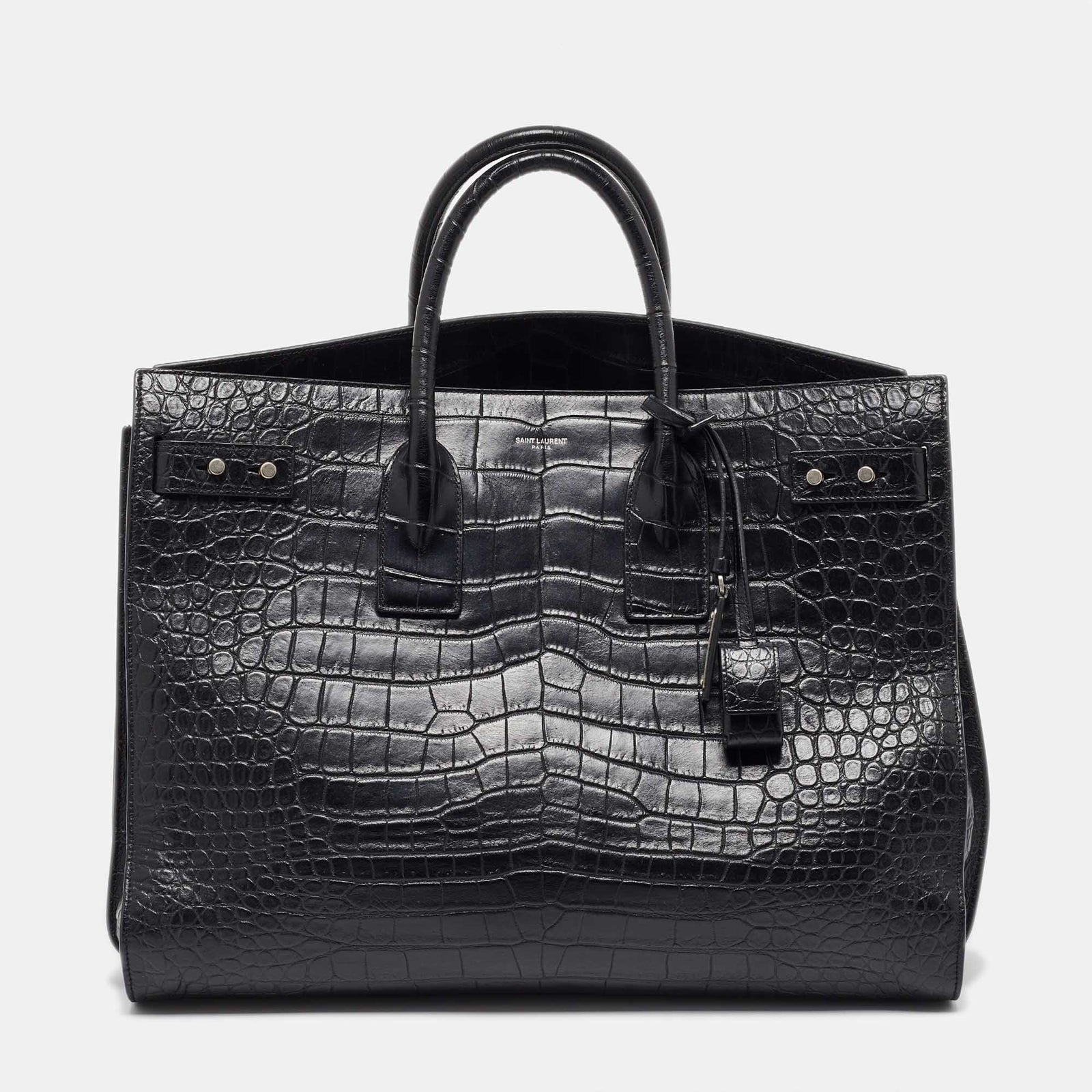 Saint Laurent Paris Saint Laurent Black Crocodile Embossed Leather Large Souple Sac De Jour Tote