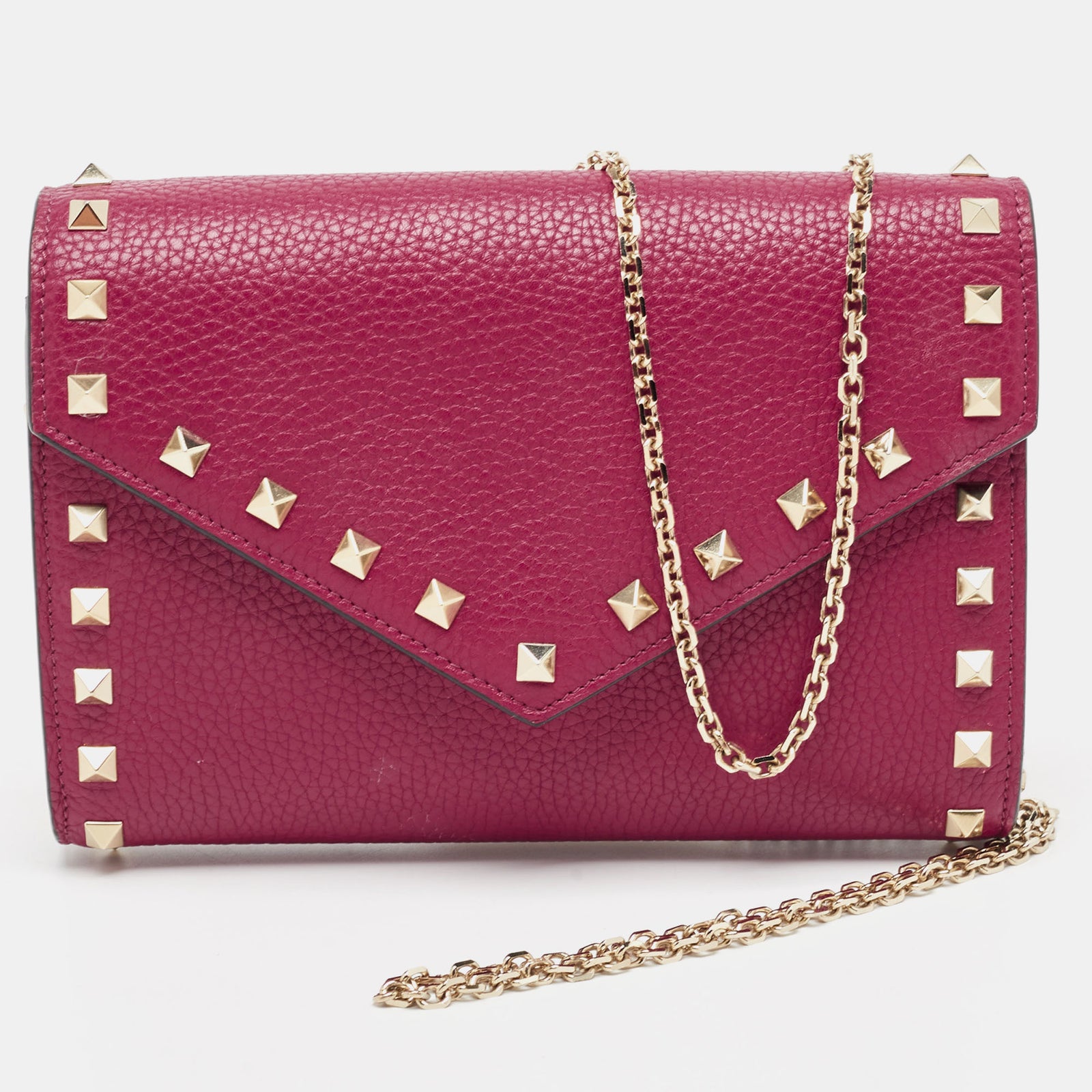 Valentino Pink Leather Rockstud Envelope Wallet on Chain