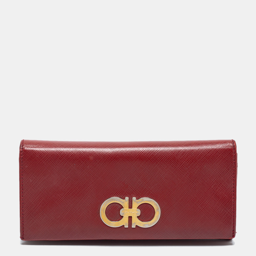 Salvatore Ferragamo Red Leather Double Gancio Continental Wallet