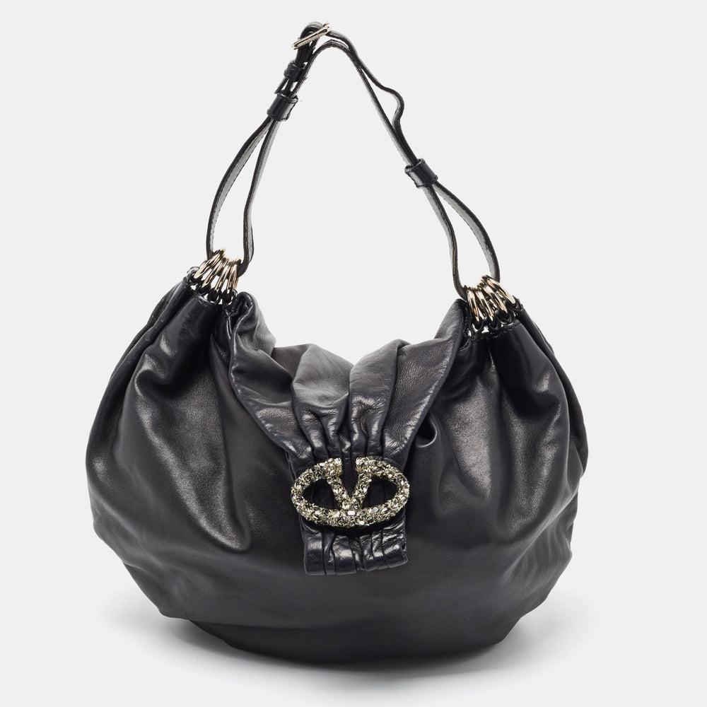 Schwarze Hobo-Tasche aus Leder mit VLogo-Kristallen