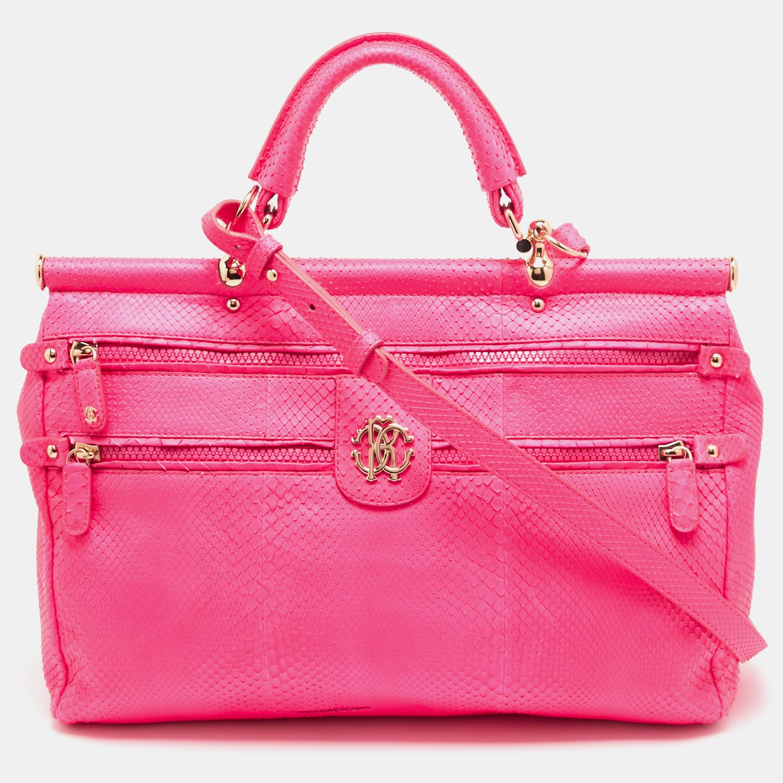 Roberto Cavalli Neon Pink Snakeskin Diva Top Handle Bag