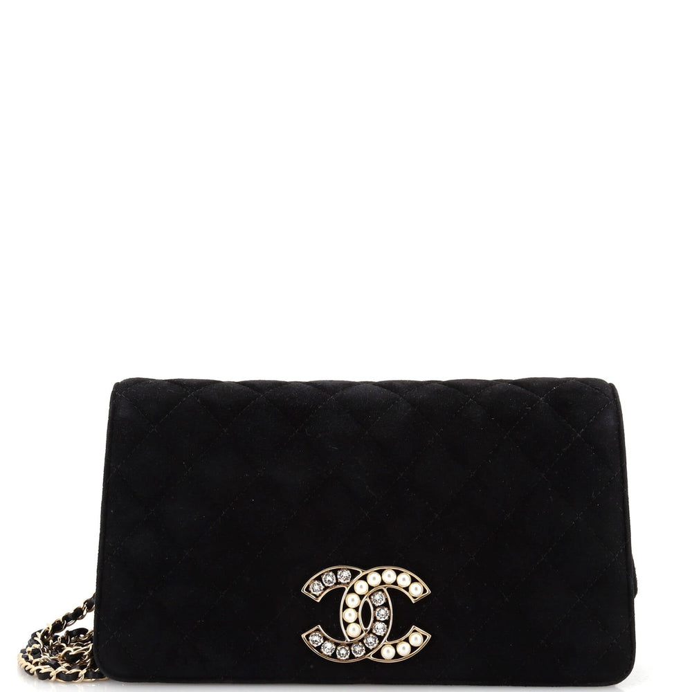 CHANEL CC Chain Full Flap Bag Quilted Suede with Faux Pearls and Crystals