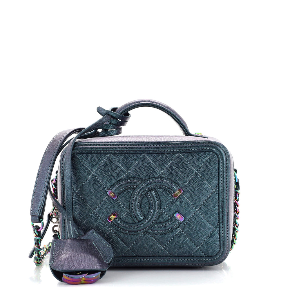 CHANEL Filigree Vanity Case Quilted Iridescent Caviar Small