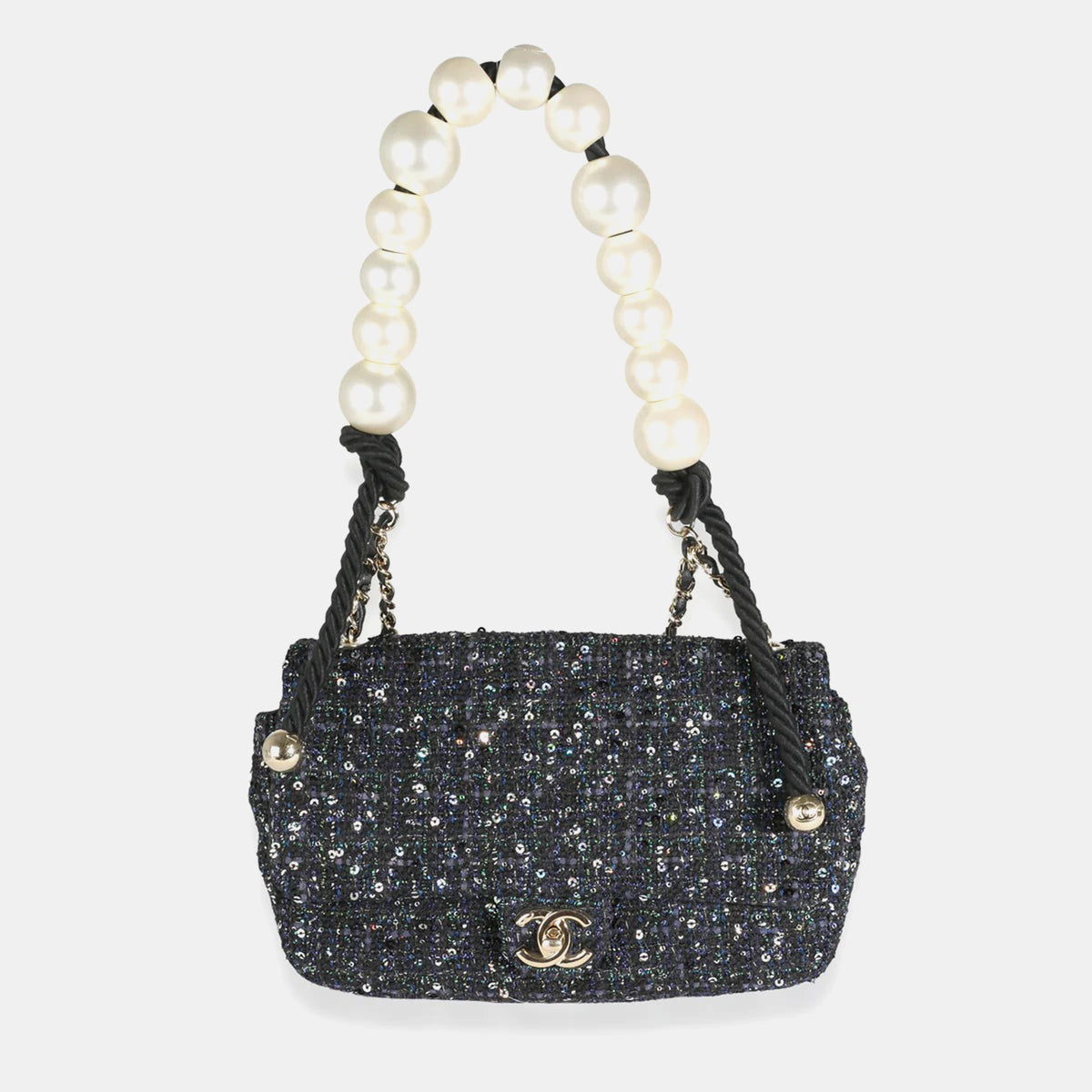 Chanel Navy Tweed Sequin Medium Pearl Handle Flap Bag