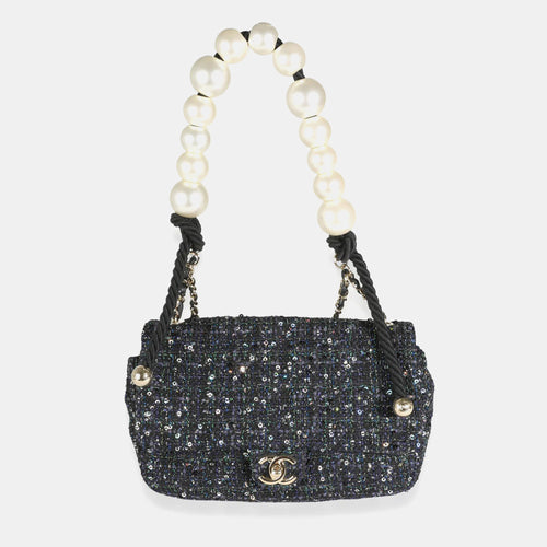 Navy Tweed Sequin Medium Pearl Handle Flap Bag