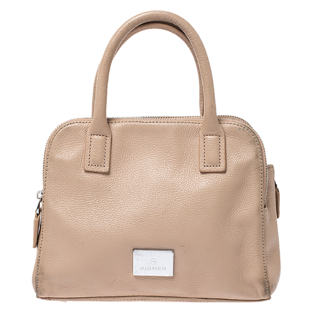 Aigner Beige Leather Double Zip Top Handle Bag