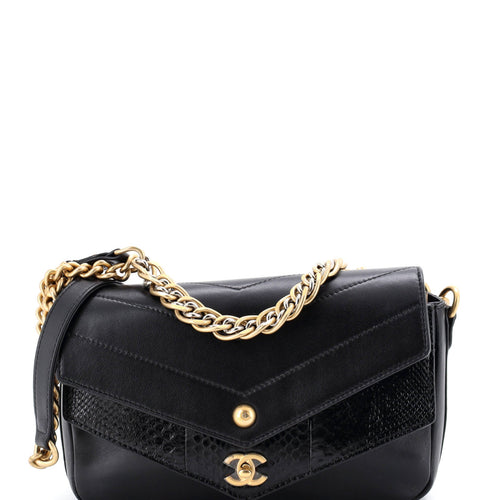 CHANEL Elaphe Chain Double Flap Bag Chevron Calfskin with Snakeskin Mini