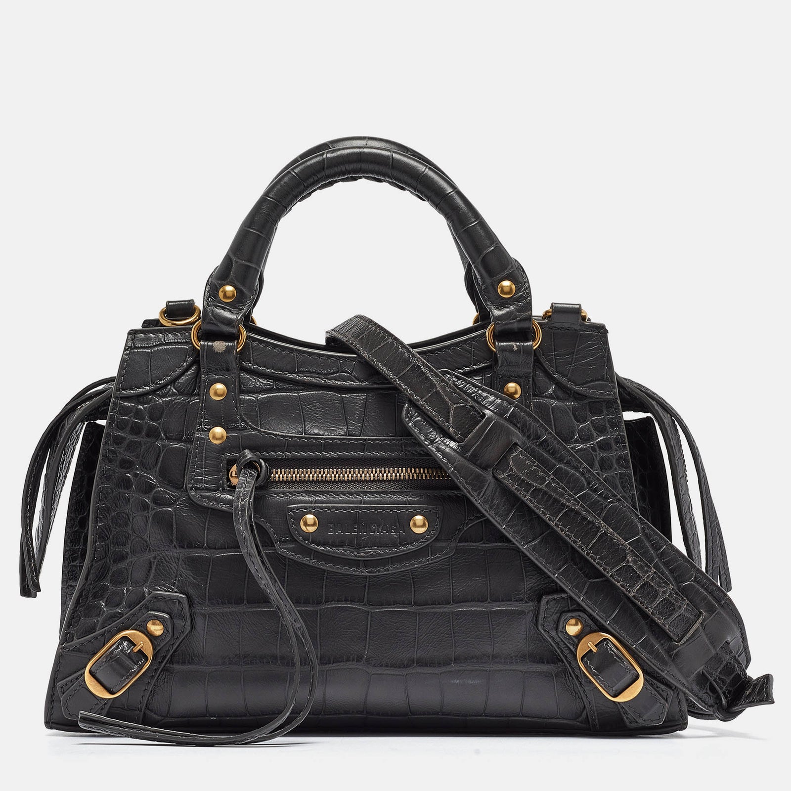 Balenciaga Dark Grey Croc Embossed Leather Neo Classic Bag