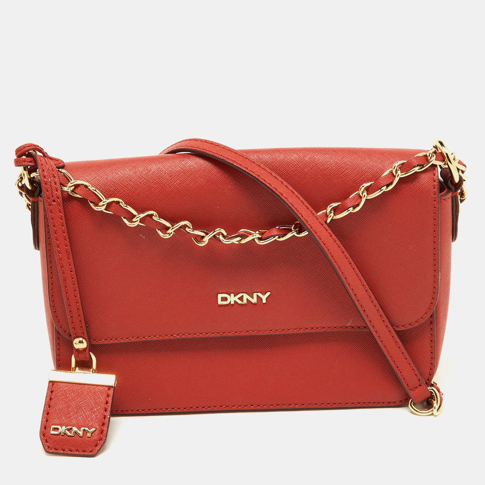 DKNY Brick Red Saffiano Leather Bryant Flap Shoulder Bag