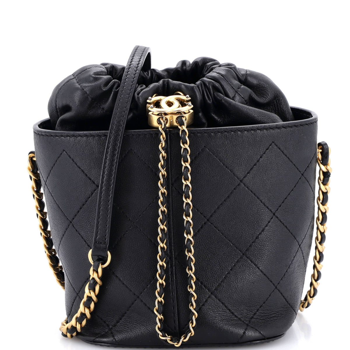 Chanel CHANEL CC Drawstring Bucket Crossbody Bag Stitched Calfskin Medium