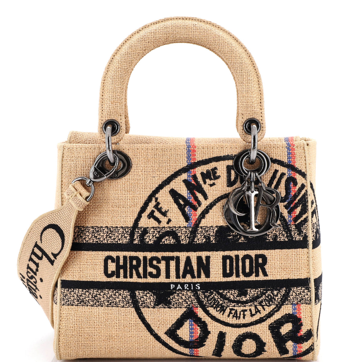 Christian Dior Lady D-Lite Bag Embroidered Jute Canvas Medium