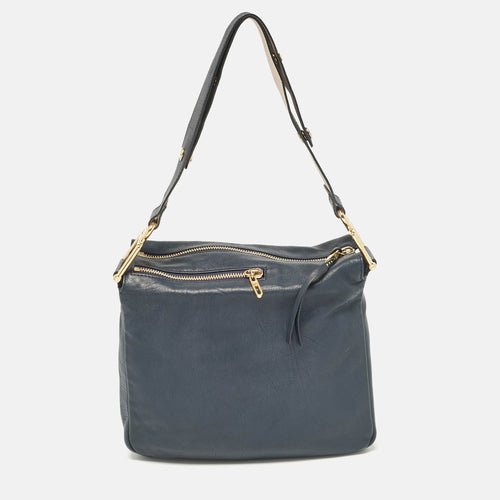 Navy Blue Leather Vanessa Shoulder Bag