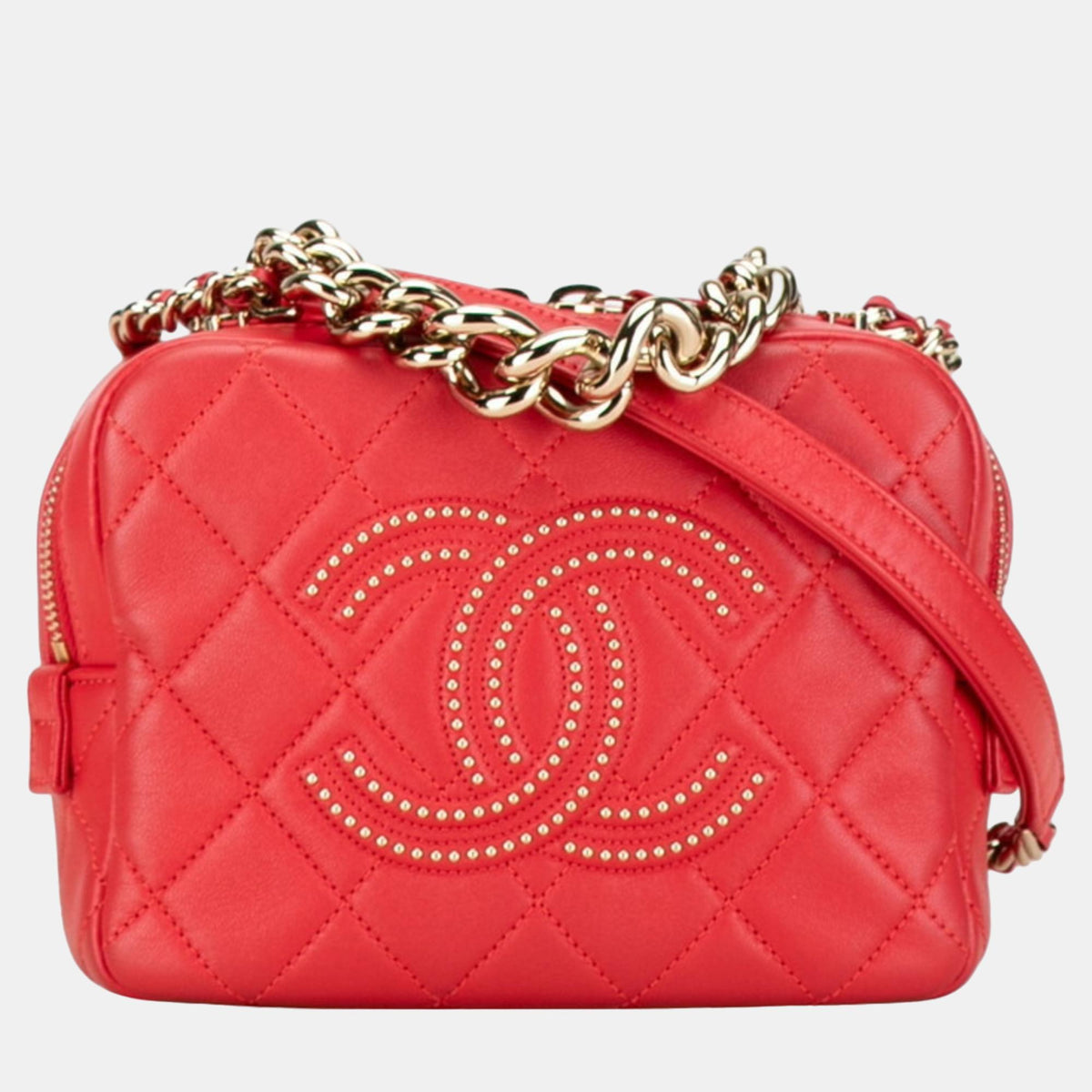 Chanel Red Lambskin Quilted Studded Beauty Begins Shoulder Bag