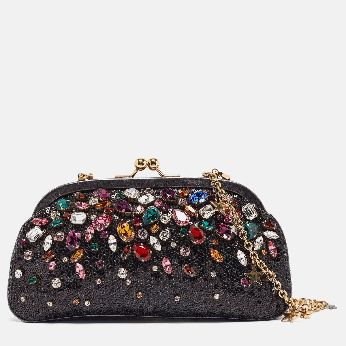 Dolce & Gabbana Black/Grey Leather and Sequins Crystals Embellished Frame Chain Clutch