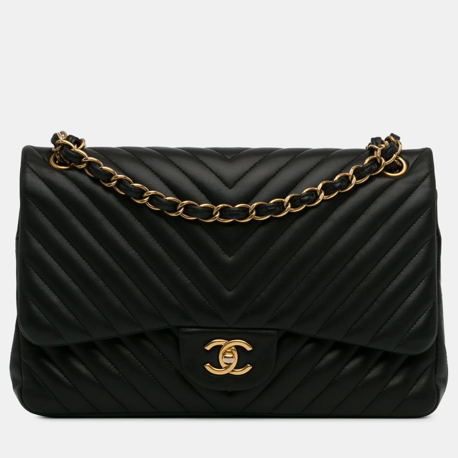 Chanel Sac à rabat double en cuir d'agneau à chevrons classique Jumbo