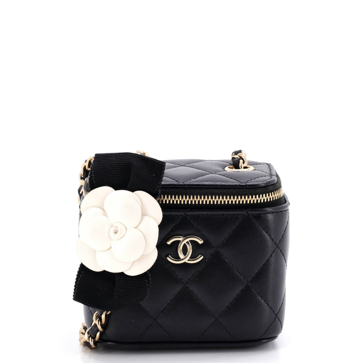 Chanel CHANEL Camellia Bow Vanity Case with Chain Quilted Lambskin Mini