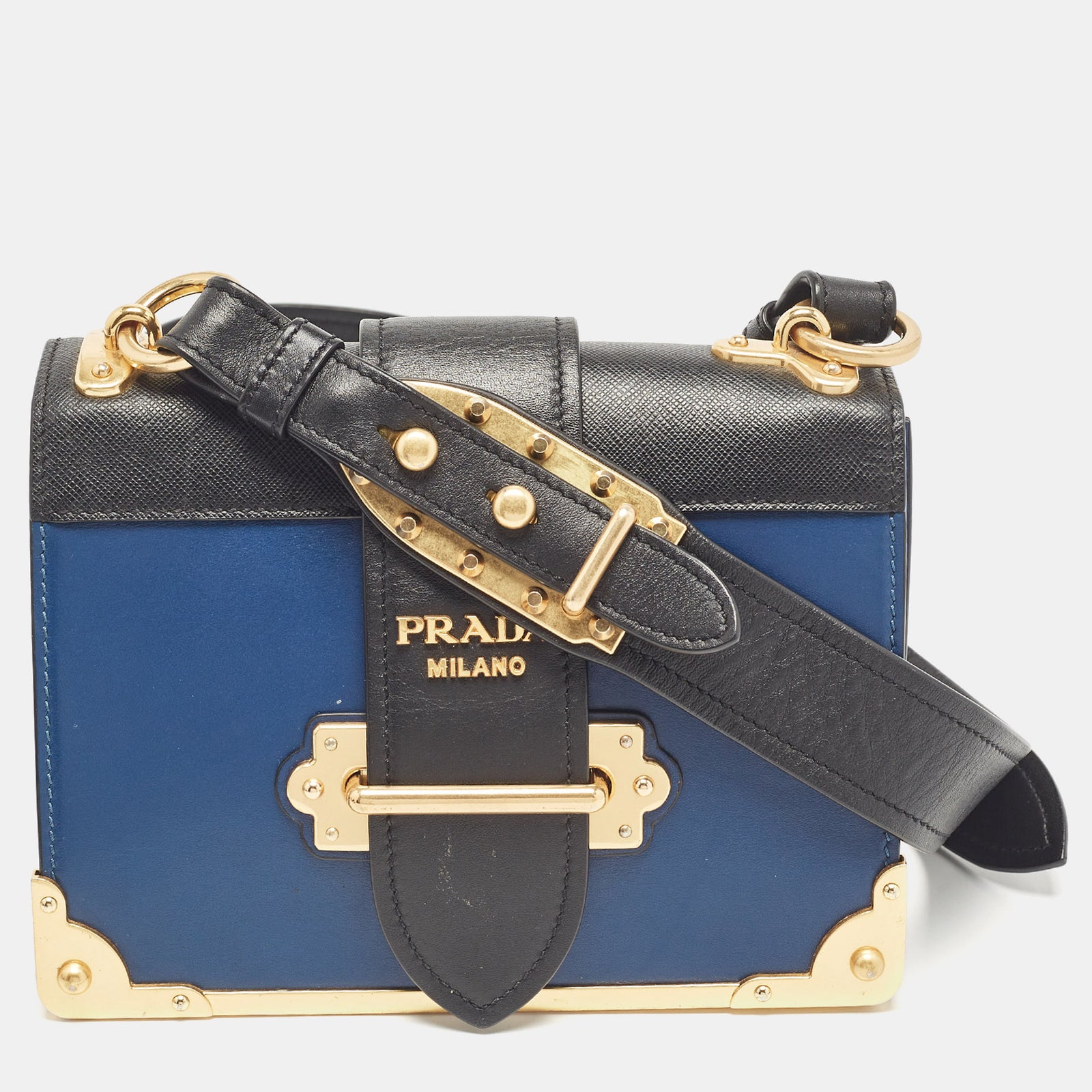 Prada Blue/Black Saffiano Leather Cahier Flap Shoulder Bag