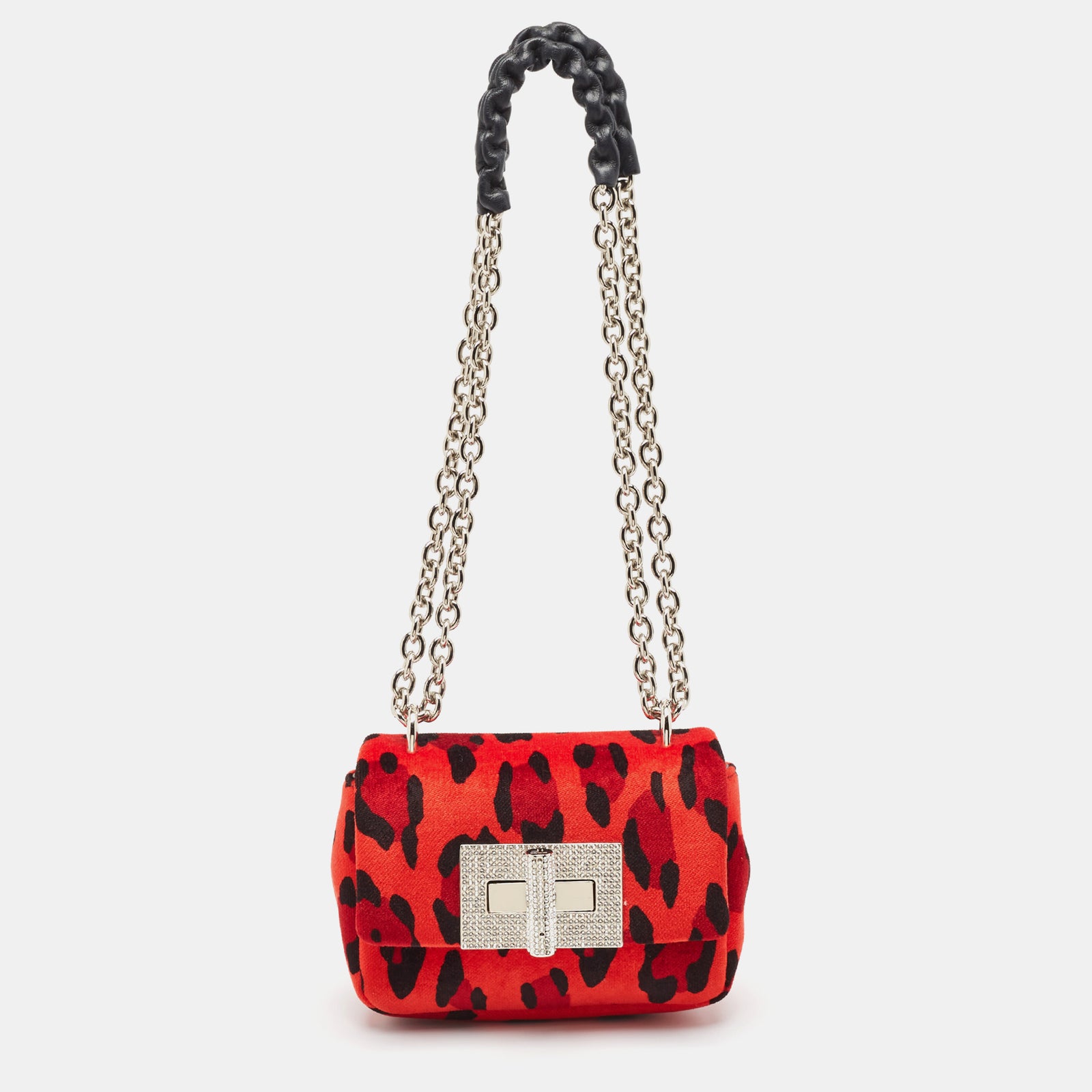 Tom Ford Red/Black Leopard Print Fabric Natalia Chain Shoulder Bag