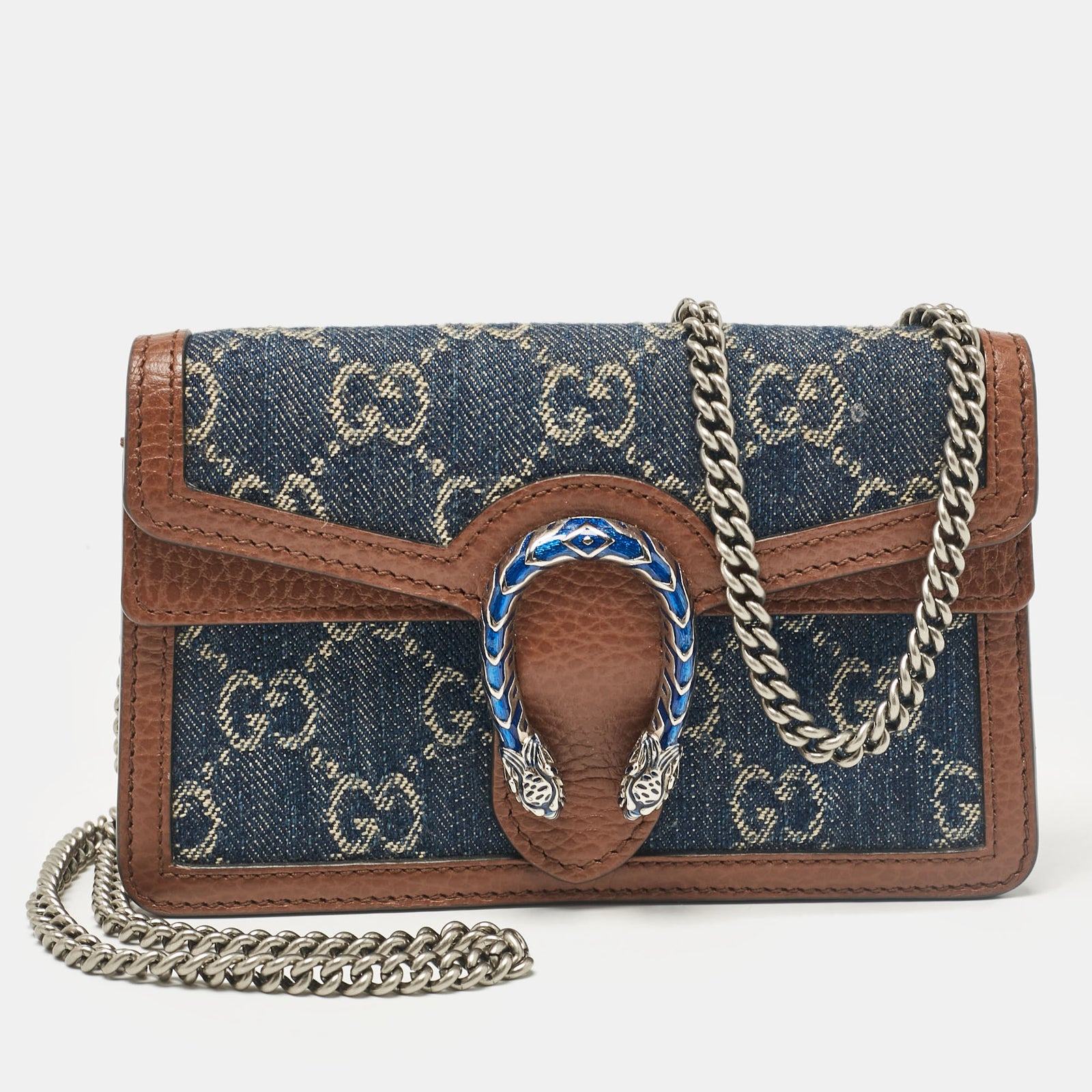 Gucci Super-Mini-Tasche „Dionysus“ aus GG-Denim und Leder in Blau/Braun