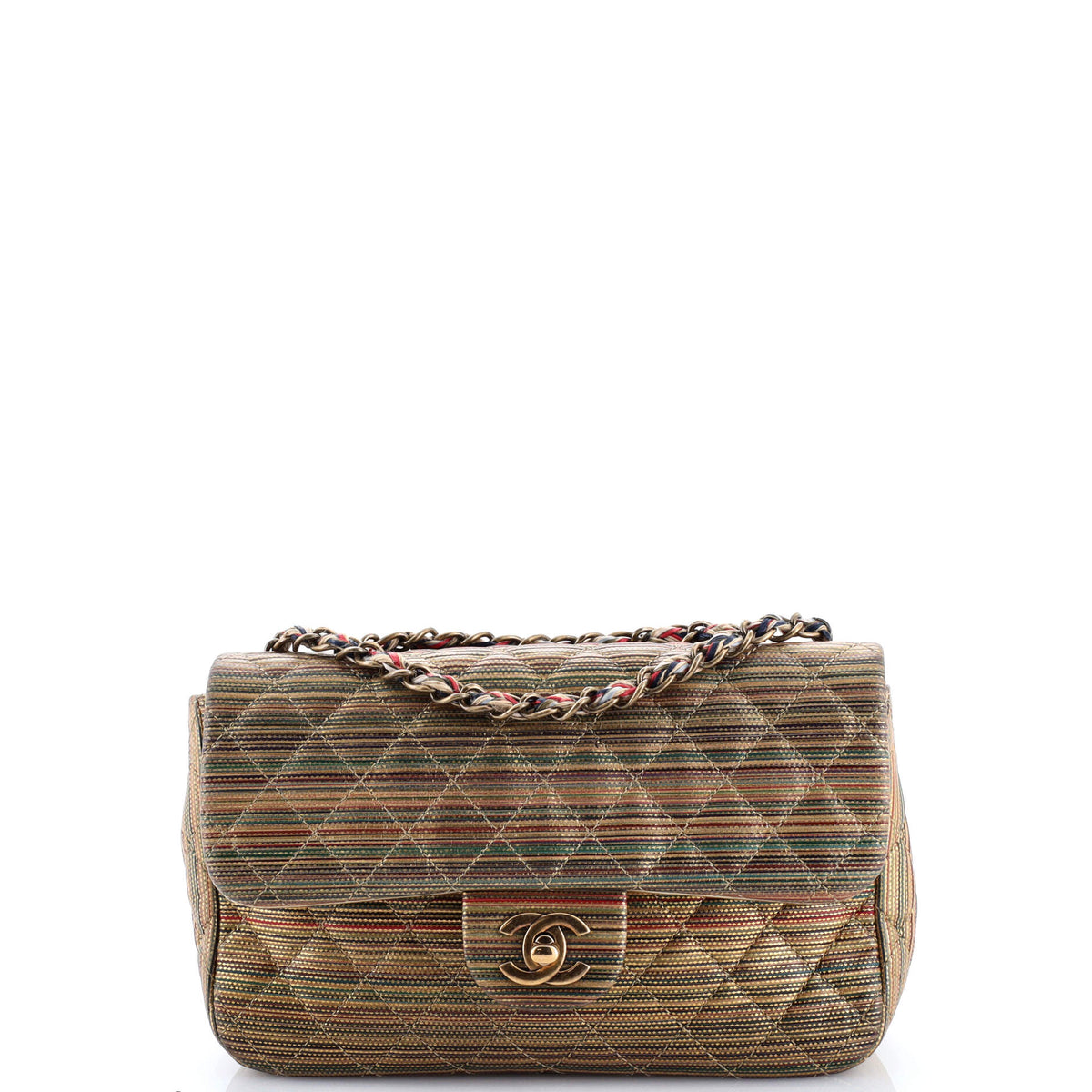 Chanel CHANEL Multicolor Stripe Flap Bag Raffia Effect Braided Chain Small