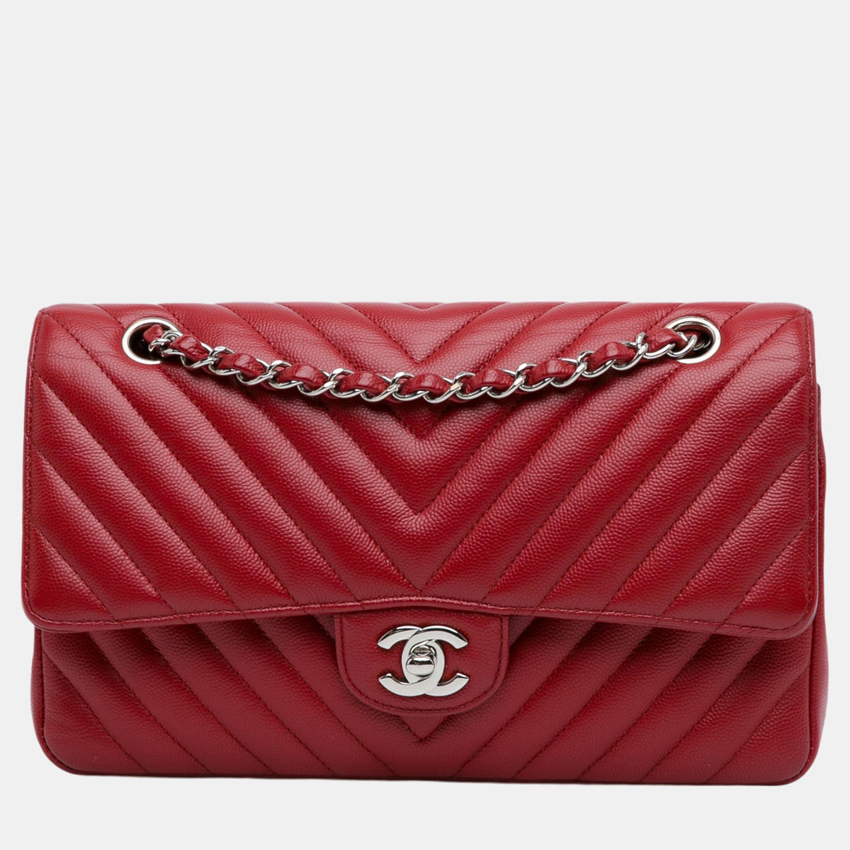 Chanel Red Chevron Leather Medium Classic Double Flap Bag