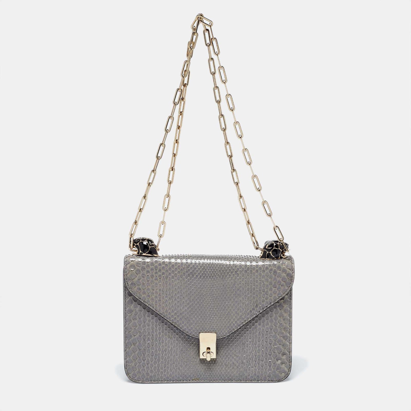 Valentino Grey Python Panther Flap Shoulder Bag