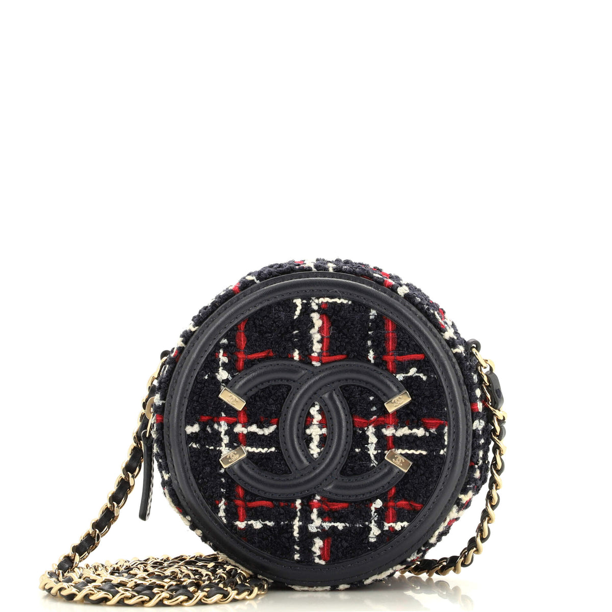Chanel CHANEL Filigree Round Clutch with Chain Quilted Tweed Mini