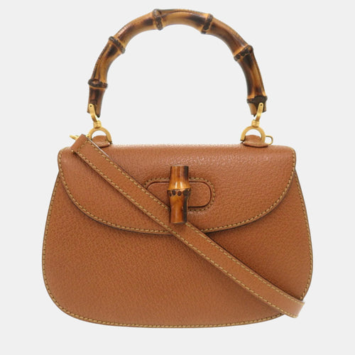 Brown Leather Small Bamboo Handle Bag