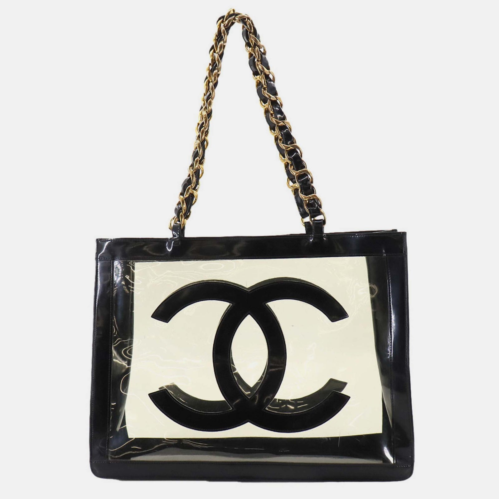 Chanel Tragetasche mit Kette und Coco-Marke aus Vinyl in Schwarz