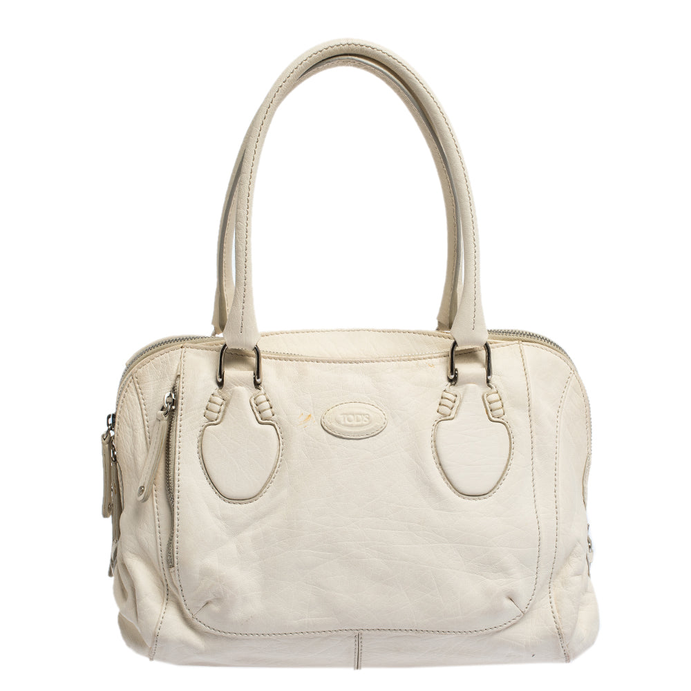 Tod's White Leather Double Zip Satchel