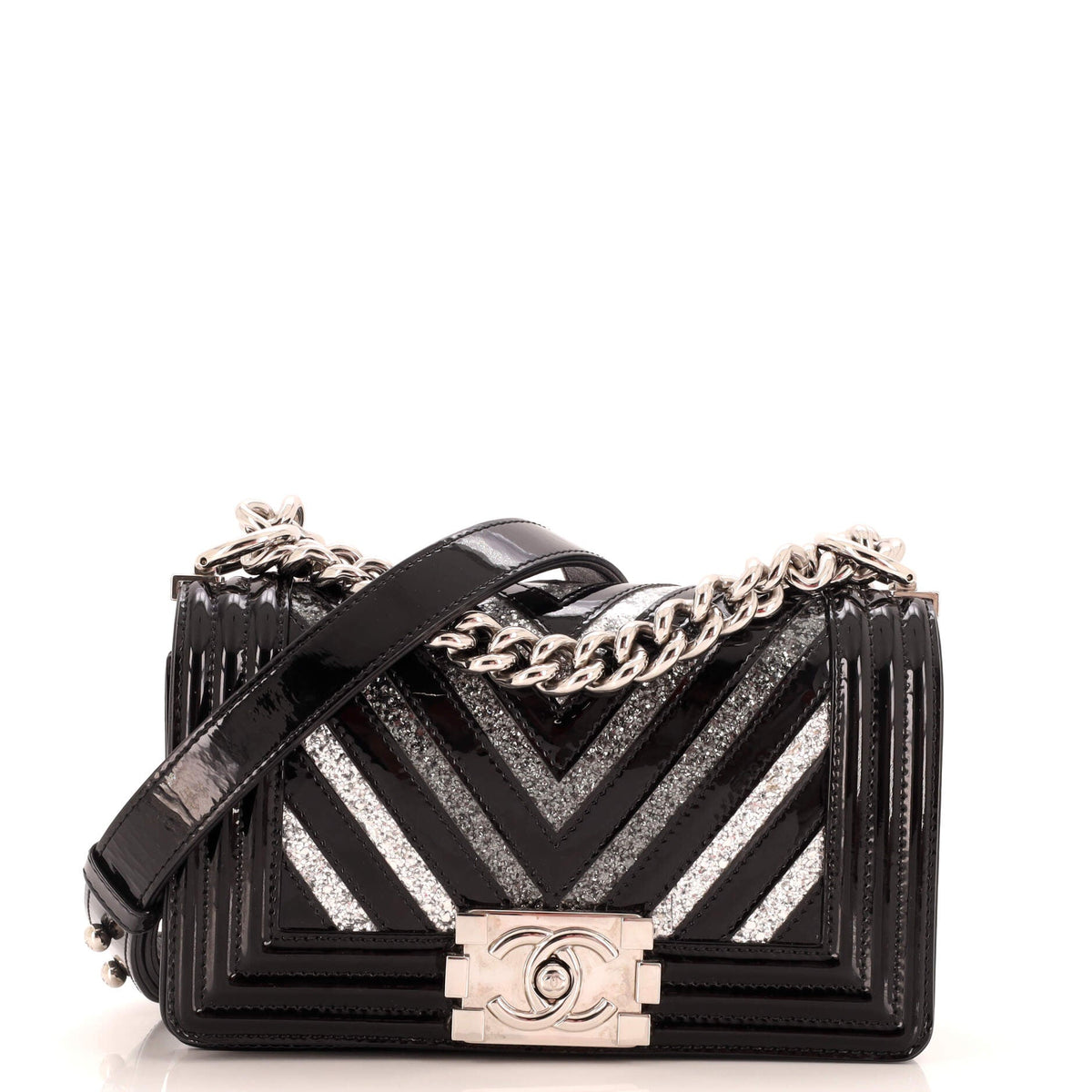 Chanel CHANEL Boy Flap Bag Chevron Patent with Glitter PVC Small