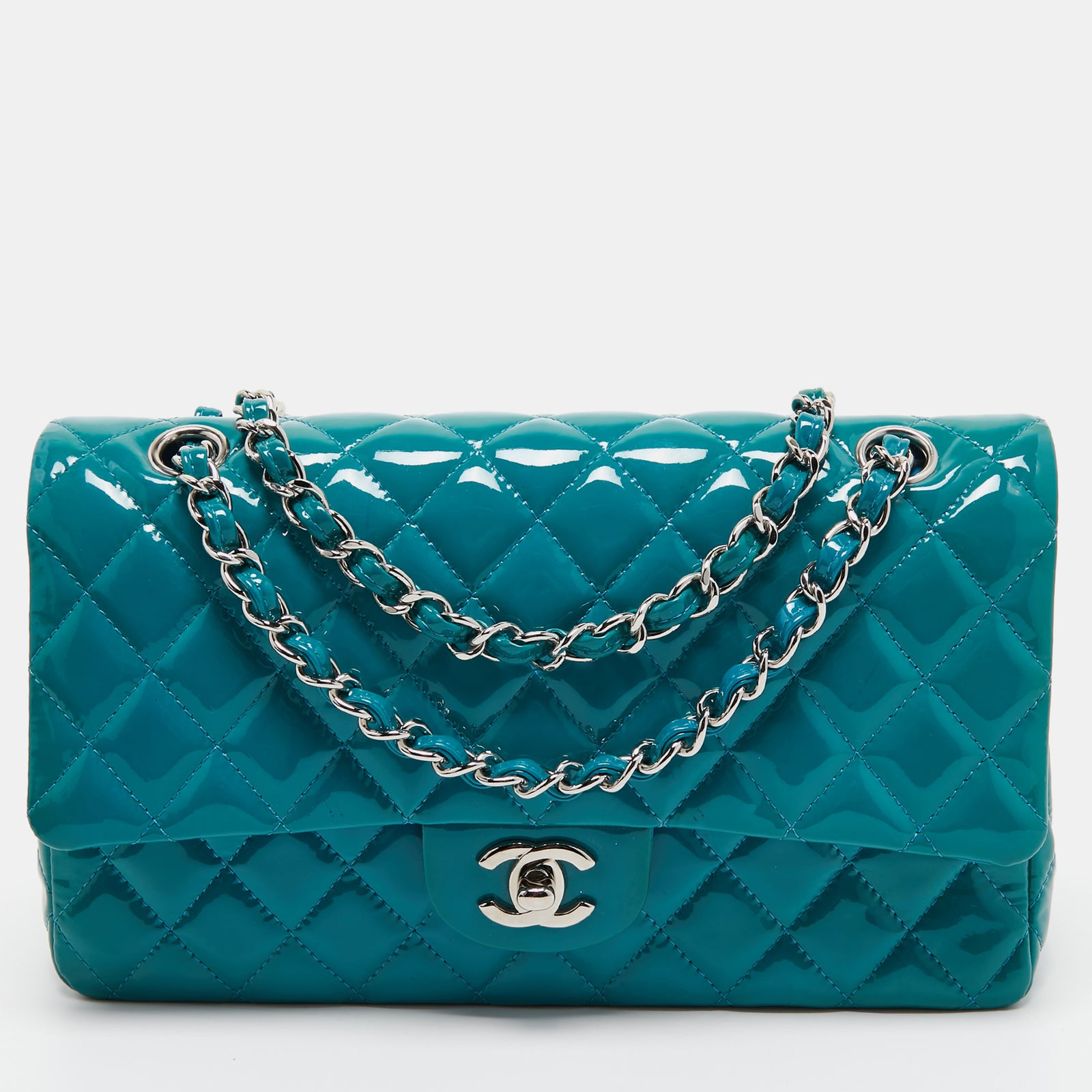 Chanel Teal Blue Quilted Patent Leather Medium Classic Double Flap Bag